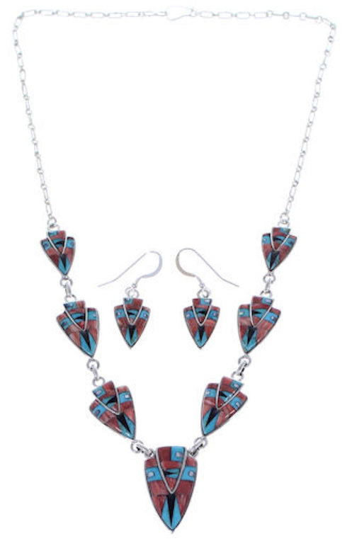 Sterling Silver Multicolor Inlay Link Necklace Earrings Set PX36957